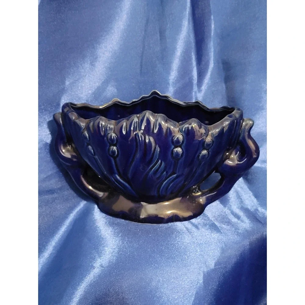 Porcelain Decorative Bowl Cobalt Blue with Hand-painted Gold Trim and Birds